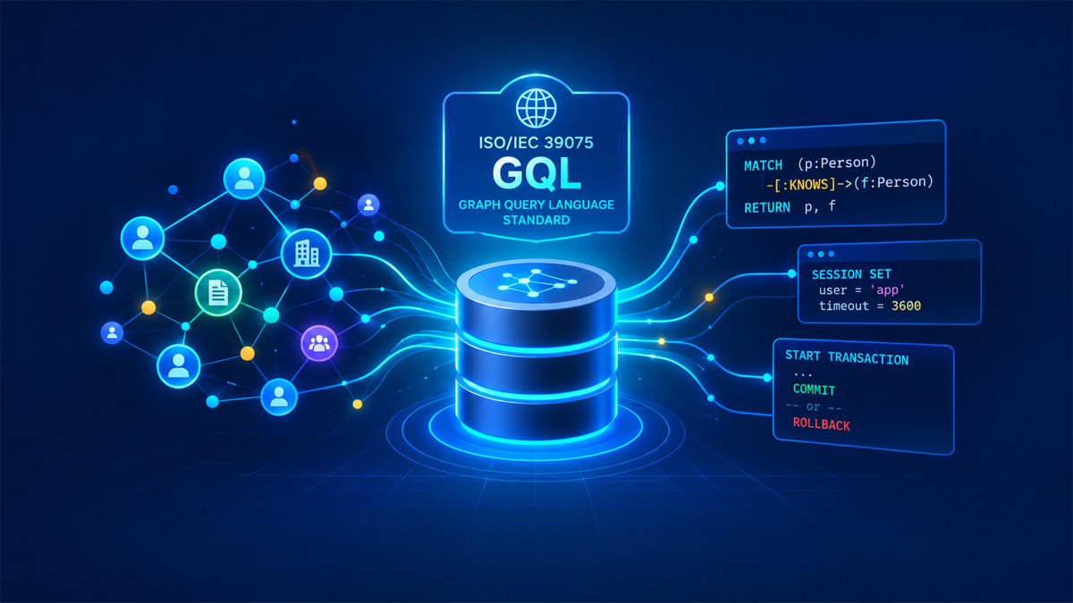 A database at the center of an ISO/IEC 39075 GQL badge, connecting a graph of people and documents to GQL statements: a MATCH pattern, SESSION SET, and START TRANSACTION with COMMIT or ROLLBACK
