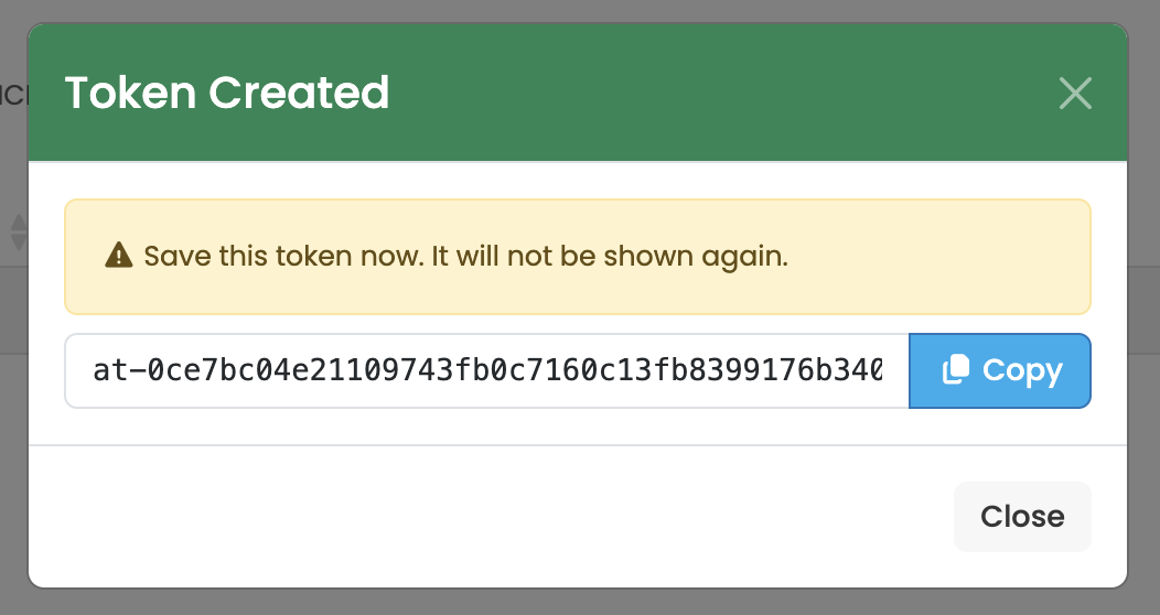 Token Created — copy the token before closing this dialog