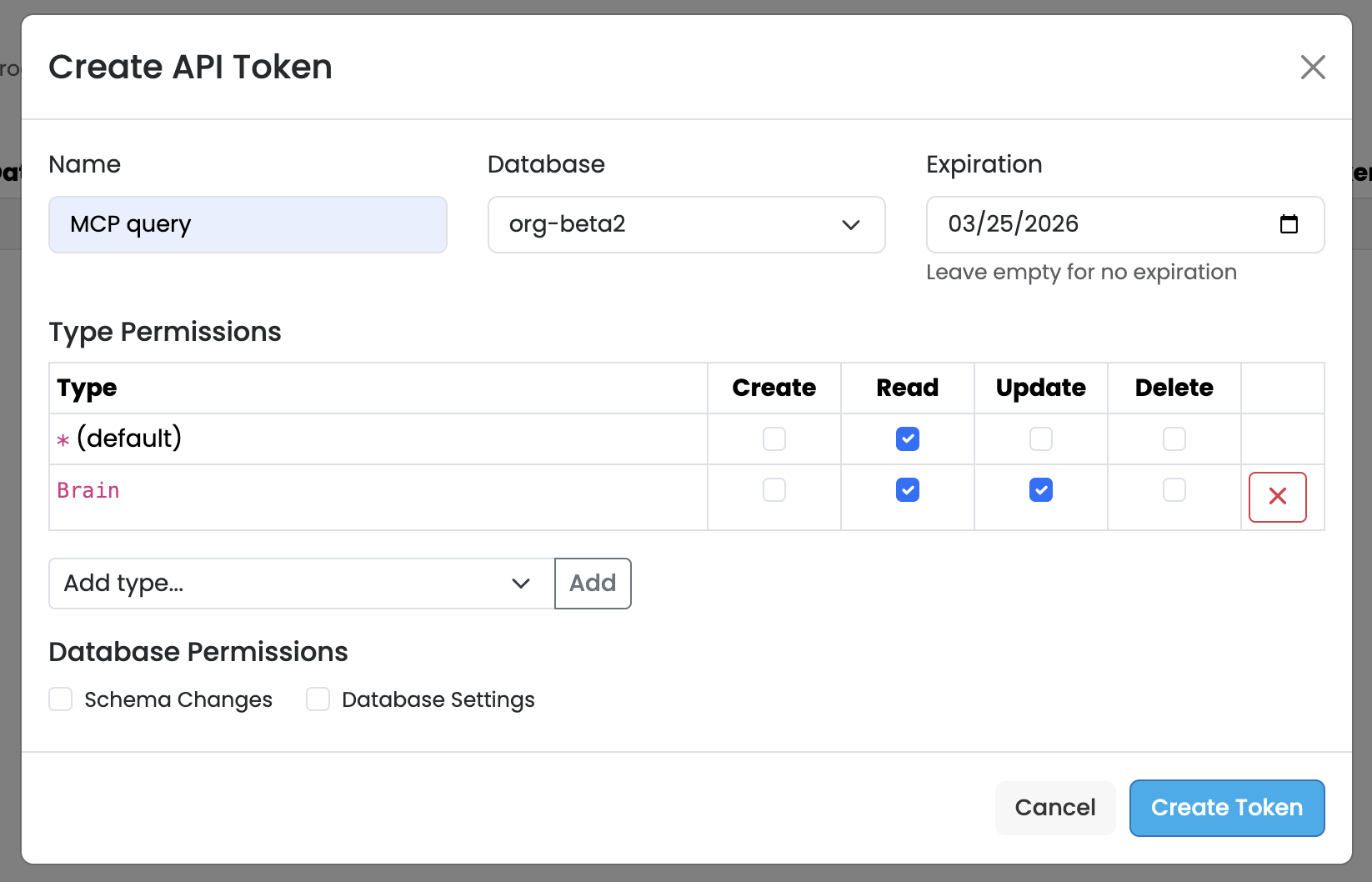 Create API Token dialog — set name, database, expiration, and type permissions