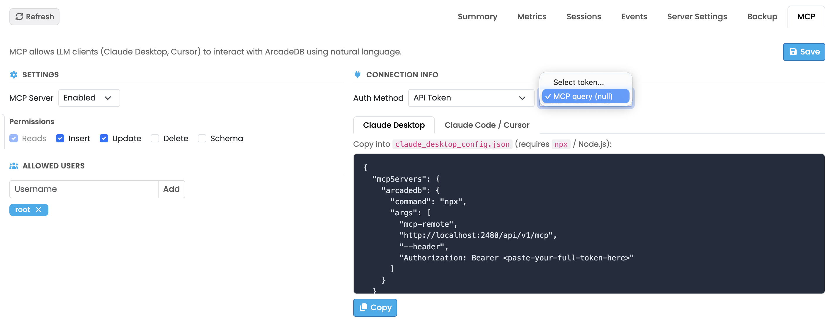 ArcadeDB Studio MCP Configuration — enable MCP, select your API token, and copy the ready-to-use client configuration